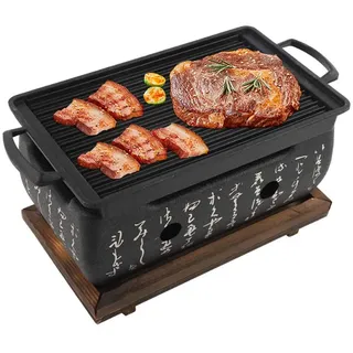 Japanischer Grillofen, BBQ Grill, 24 x 12,5 x 11,5 cm Mini Holzkohle Tischgrill mit Backblech Drahtgitter und Holzbasis, Tragbarer Grill Herd Ofen Japanisch Holzkohleofen Campingkocher für Yakiniku