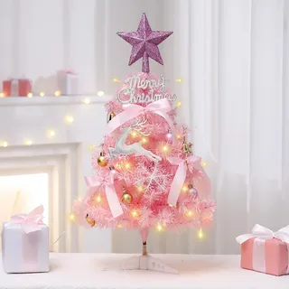 45cm Mini Weihnachtsbaum, Künstlicher Weihnachtsbaum Klein mit Beleuchtung, Weihnachtskugeln Sternbaumspitze Weihnachtsdeko, Christmas Tree with LED für Tisch, Büro, Schaufenster (Rosa)