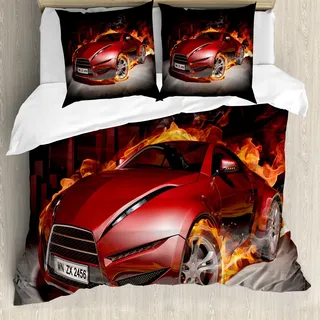 ABAKUHAUS Autos Bettbezug, Burnout Reifen Sport Auto, Milbensicher Allergiker geeignet mit Kissenbezügen, 155 cm x 220 cm - 80 x 80 cm, Rot Schwarz Orange - Orange
