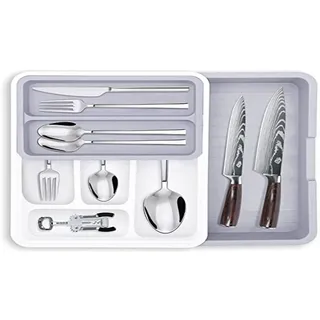 MDHAND Besteckkasten für Schubladen, Erweiterbar, Verstellbar, der ideale Schubladen-Organizer für die Küchenschublade, Halter für Besteck, Besteck, 8 flexible Fächer (Weiß-grau), S-001