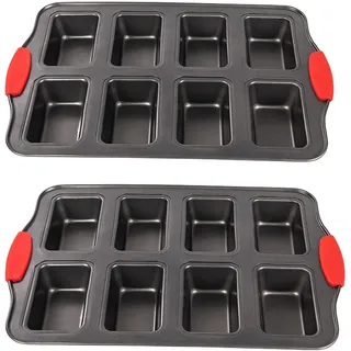 PLAZOTTA Mini-Kastenform mit 8 Mulden, nicht vorrätig mit Silikongriff, Mini-Brotlaib-Backform, Mini-Brownie-Pfanne, Käsekuchenform, rechteckig, 2 Packungen