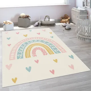 Kinderteppich PACO HOME "Nino 887", beige (creme), B:133cm H:13mm L:133cm, Polypropylen, Teppiche, Kinderteppich, Kurzflor, Spielteppich, Motiv Regenbogen & Herzen, Kinderzimmer