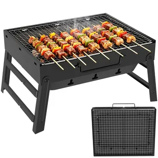 Huracan Tragbarer Holzkohlegrill, Klappbar Kompakter Grill mit Griff und entnehmbarem Ascheauffangbehälter, Edelstahl Kleiner Grill Picknickgrill für Garten, Balkon, Camping, Picknick & unterwegs