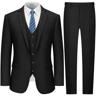 LUPURTY Anzüge für Herren, 3-teiliger Herrenanzug, schmale Passform, solide Jacke, Weste, Hose mit Krawatte, EIN-Knopf-Smoking-Set, Schwarz, M