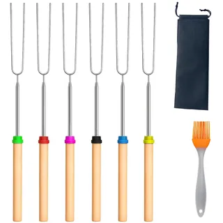 6 Stück Lagerfeuer,31-81 cm Grillspieße Teleskop Marshmallow,Grillspieße mit zwei Ölpinseln,Edelstahl Marshmallow Spieße Mit Verstellbarer Länge,Grillstab mit isolierten Griffen für Camping Grill ﻿