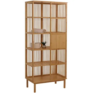 Bambus Standregal HWC-N81, Badezimmerschrank Badschrank Badregal Kommode, 5 Regalböden Schiebetür FS