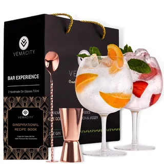 Gin Tonic Gläser Set für Gin-Liebhaber - 2 x Handgefertigten Gin Gläser | Kostenloses Rezept E-Book, Rotgold-Barlöffel, Doppelter Messbecher & Große Gin Tonic Glas | Cocktailgläsern | Gin Glas Set