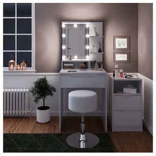 Vicco Schminktisch Vicco Ruben Weiß mit Schubladenschrank, LED Beleuchtung und Hocker, Model 43389 - Weiß