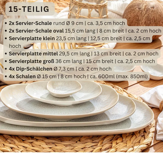 Sänger Servierplatten Set Korfu - 15 teilig , Creme , Keramik , Rund , 15x8x36 cm , Geschirr, Schalen & Schüsseln, Servierschalen