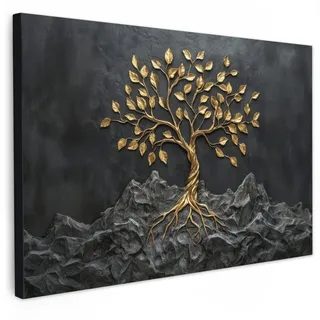 MuchoWow Leinwandbild Blätter - Gold - Baum - Fels Wanddeko 90x60 cm , Schwarz , Textil , Kiefer , Abstrakt , Rechteckig , 90x60 cm , FSC 100% , gerahmt , Bilder & Rahmen, Bilder, Leinwandbilder