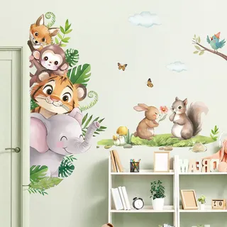 fufuquare Karikatur Märchen Waldtier Wandtattoo mit Affe Tiger Schmetterling, Abnehmbare Selbstklebende Wandaufkleber für Baby Kinderzimmer Schlafzimmer, Kindergarten