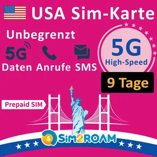 USA Prepaid-SIM-Karte | Unbegrenzte 5G/4G LTE-Hochgeschwindigkeits-Internetdaten in den USA (einschließlich Hawaii) | Unbegrenzte Anrufe und Textnachrichten (SMS) | Wieder auffüllbar! (9 Tage)