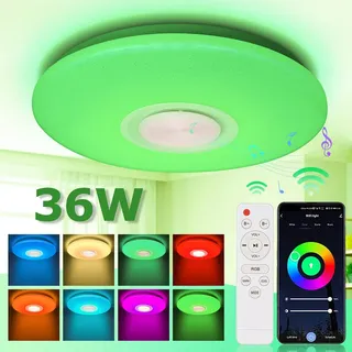 Jopassy LED Deckenleuchte 36W Deckenlampe Bluetooth Musik Wohnzimmerlampe Lautsprecher - Weiß