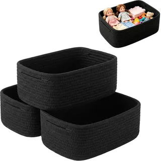 Aufbewahrungskörbe, 30x20x11cm Regalkörbe zum Ordnen, Faltbare Korb Geflochten Baumwollseil, Kleine Aufbewahrungskörbe zum Organisieren, Regal, Spielzeugkorb, Gewebte Seilkörbe, Schwarz