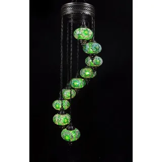 9-flammige türkische Hängelampe aus grünem Mosaikglas - orientalische Deckenleuchte mit 7 Glaskugeln - Grün