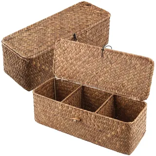 KEILEOHO 2 Stück Seegras Aufbewahrungskorb mit Deckel, Seegras Rattan Korb Rechteckig mit 3 Fächern, 32 x 12 x 11 cm Aufbewahrungskorb Geflochten für Organisation, Schlafzimmer, Badezimmer, Wohnzimmer