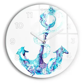 Wallfluent Große Wanduhr – Stilles Quarzuhrwerk - Uhr Dekoration Wohnzimmer Schlafzimmer Küche - Zifferblatt - weiße Zeiger - 60 cm - Anker im Meer - Blau