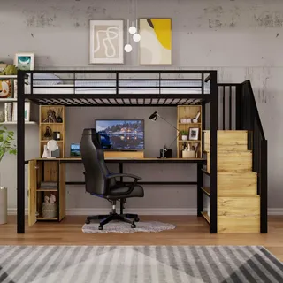 Hochbett aus Metall 90x200 cm Schwarz mit Schreibtisch Schrank Treppe und USB - Schwarz