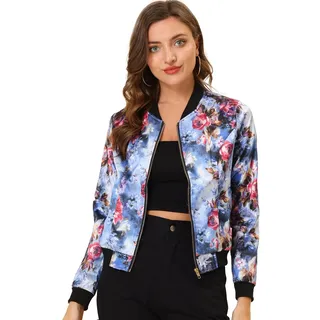 Allegra K Damen Bunt Blouson Frühling Sommer Bomberjacke Blumenmuster Reißverschluss Jacket Blau L