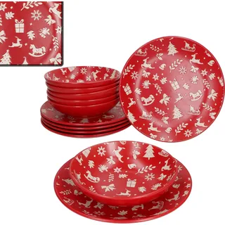 12tlg Tafelservice Advent 6Pers Essteller Suppenteller Rot Weihnachten