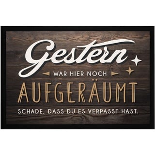 MoonWorks® Fußmatte mit Spruch lustig Gestern war Hier noch aufgeräumt Ironie Holz-Optik rutschfest & waschbar schwarz 60x40cm