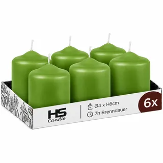 HS Candle Stumpenkerzen Grün (6 Stück) Ø4x6cm, 7h Brenndauer, Made in EU | Unparfümierte Blockkerzen mit ruhigem Abbrand, kompakte Wachskerzen – ideal für Advent, Naturdeko & festliche Arrangements