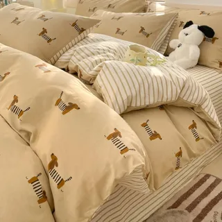 Sedefen Bettwäsche 135x200cm 4teilig Dackel Gestreift Wendebettwäsche Set | Beige Dachshund Streifen Bettwäsche Set,Weiche Microfaser ÖkoTex,2 Bettbezug mit Reißverschluss und 2 Kissenbezug 80x80cm