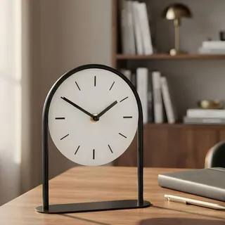 Tischuhr H22cm Schwarz Weiß Metall Vintage Retro Metalluhr Analog Standuhr Deko