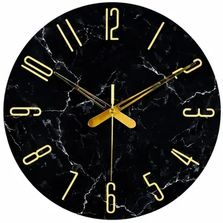 Sinsoledad Wanduhr Modern Ohne Tickgeräus, Schwarz mit Gold, Marmor-Optik, MDF Holz Uhr für Wohnzimmer, Küche, Büro & Schlafzimmer (Schwarz)