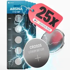 ABSINA Knopfzellen CR2025 25er Pack - CR 2025 Knopfzelle auslaufsicher & langer Haltbarkeit - CR2025 Batterien Knopfzellen, CR2025 3V Lithium Knopfzelle, Batterie CR 2025, Knopfbatterie CR2025