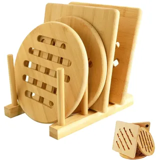 4 Stück Holz Hitzebeständig Topfuntersetzer mit 1 Lagerregal, Quadratisch und Rund Rutschfestes Waschbar Bambus-Untersetzer, Pfannenschoner für Küchenschüsseltöpfe, Kochtöpfe, Geschirr, Teller (15cm)