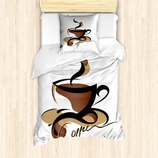 ABAKUHAUS Kaffee Mantele, Konzeptionelle Zeichen Trinken, Milbensicher Allergiker geeignet mit Kissenbezügen, 135 cm x 200 cm - 80 x 80 cm, Schwarz Braun Sand Braun - Schwarz