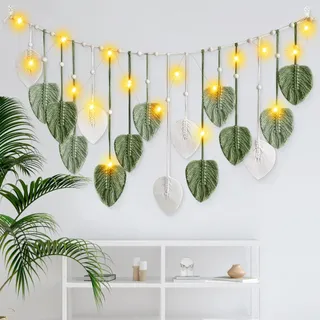 IHONYI Boho Deko - Makramee Wandbehang,Wandteppich Chic Tapisserie Fransengirlande Mit 3M LED Lichterkette,Handgewebt Girlande Boho Wanddeko Für Wohnzimmer/Schlafzimmer/Balkon/kinderzimmer(Blatt)