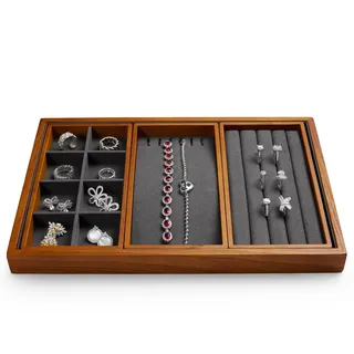 Oirlv Stapelbare Holz Schmucktablett 4 in 1,schmuckschatulle holz,für Schmuck Ring Ohrringe Armband Halskette Organizertablett(Grau)