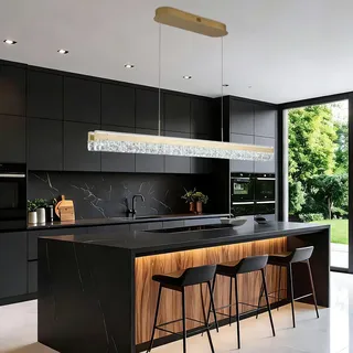 szcflaghip Goldene LED Pendelleuchte Moderner Kronleuchter Linear Kristall Esstischlampe Hängend Kücheninselbeleuchtung Minimalistische Dimmbare Deckenleuchte für Esszimmer mit Fernbedienung