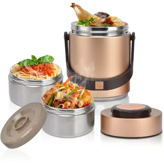 Edelstahl Thermo Lunchbox, 1,5 Liter Isolierter Essen Lunch Pot, 2 Etagen Vakuum Thermobehälter für Warme Speißen, Mahlzeiten, Babynahrung, Suppe, Mittagessen zum Büro, Picknick im Freien(Gold)