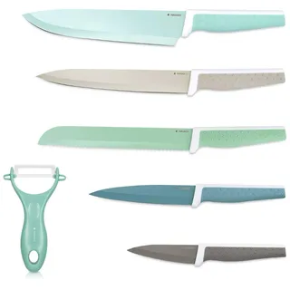 Navaris Messer Set 6-teilig inkl. Schäler - 5x Edelstahl Küchenmesser und 1x Keramik Gemüseschäler - Fleischmesser Brotmesser - Messerset bunt