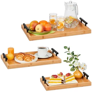 Relaxdays Tablett Natur Schwarz 3er-Set Bambus , Hellbraun , Holz, Metall, Holzwerkstoff , 50x7x30 cm , Geschirr, Tischkultur & Serviergeschirr, Tabletts