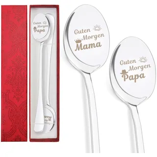Geschenke für Mama Papa,2 Stücke Kaffeelöffel mit Gravur,Guten Morgen Mama Papa Besonderes Geschenk Kaffeelöffel,mit Geschenkbox,für Mama Papa Geburtstagsgeschenk,Muttertagsgeschenk,Geschenk Vatertag