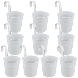 FAAING 10 Stück Weiß Hängetöpfe, 10cm Metall Hängetopf mit Abnehmbarem Haken, kleine Blumentöpfe zum Aufhängen, Weiss Blumentopf Hängend für Garten Zaun