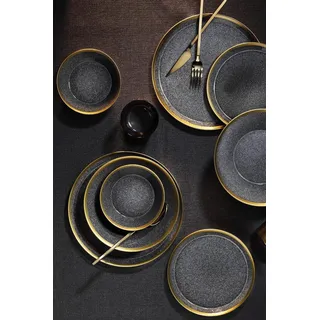 Elegant 16-Piece Dinner Set, Black & Gold | 100% Porcelain | Includes Service Plates, Dessert Plates & Bowls | Perfect for Stylish Dining Experiences