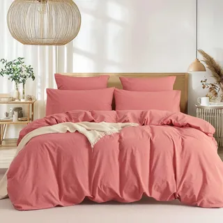 Freyamy reyamy Baumwolle Bettwäsche 135x200cm 2teilig Rosa Baumwolle Renforce Bettwäsche Set Unifarben Leinenoptik Deckenbezug Uni Elegant Bettbezug mit Reißverschluss und Kissenbezug 80x80cm