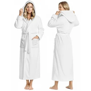 NY Threads Women Fleece Hooded Bathrobe - Plush Long Robe (Small, White)