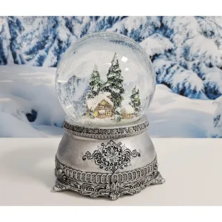 Hüttenzauber Schneekugel mit Musik | Nostalgische Winterhütte im Winterwald in Schüttelkugel| Sockel Zinnoptik | 100mm breit, 140mm hoch | mechanische Spieluhr | Weihnachtsdekoration | 20318