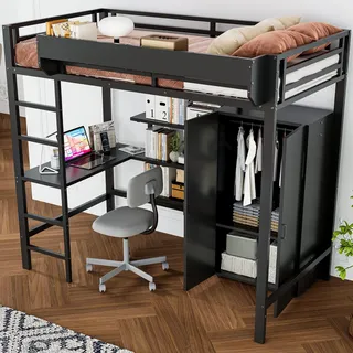 Ball & Cast Hochbett (90x200cm) mit Lagerregal und Kleiderschrank, Eisernes Bettgestell mit Tisch + Leiter, Einfach & Zeitsparend Montierbar, Schwarz