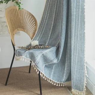 Sutuo Home Blaue Boho-Vorhänge für Schlafzimmer, Wohnzimmer, halbverdunkelnd, französisches Landhausstil, gestreift, Leinen, Vintage, Shabby-Chic-Quasten, hohl, Fensterbehandlung, böhmischer Vorhang