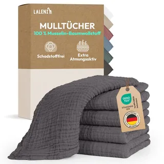 Laleni Spucktücher Baby im 5er Set aus Reiner Baumwolle - schadstofffreie Mulltücher weich 70x70 - saugstarke Mussellintücher Baby - Musselin Tuch als Mullwindel waschbare Mulltücher - Anthrazit