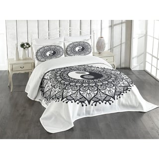 ABAKUHAUS Ying Yang Tagesdecke Set, Bohemian Mendi Kunst, Set mit Kissenbezug Mit Digitaldruck, für Einzelbetten 170 x 220 cm, Anthrazit grau Weiß