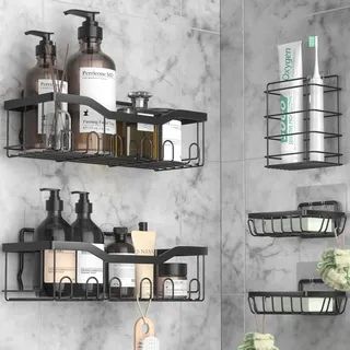 OUSFOT Duschablage ohne Bohren 5 Stück Duschregal Badezimmer Regal ohne Bohren Wasserdicht und Rostfreier Shampoo Halterung für Dusche Duschkorb mit Haken für Bad Küche Toilette Schwarz