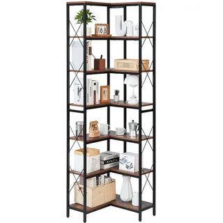 VEVOR Eckregal mit 7 Ebenen, hoher Eckständer Displayregal Lagerregal mit Metallrahmen & Holzregalen, Standregal (91 kg pro Ebene) Ausstellungsbücherregal für Schlafzimmer Wohnzimmer Büro Braun